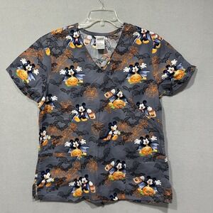 Disney Halloween Scrub Top womens Medium Mickey Mouse‎ Bats Pumpkins Vampire
